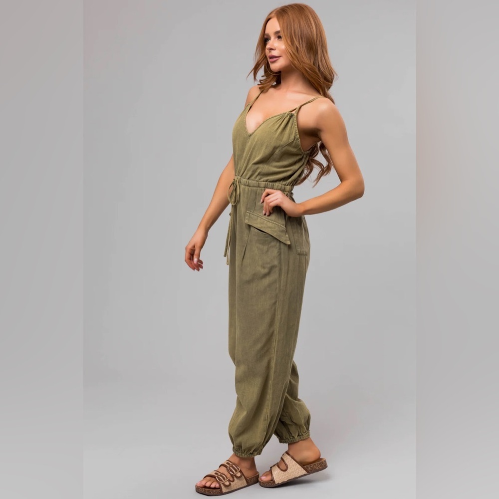Eesome Stone Washed Drawstring Jogger Jumpsuit Jumper Olive - Picture 10 of 10